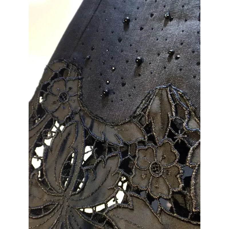 Neue Sommer Denim Patchwork Hakenblume Aushöhlen Spitze Gerade Weite Hose Casual Hohe Taille Schwere Stickerei Strass