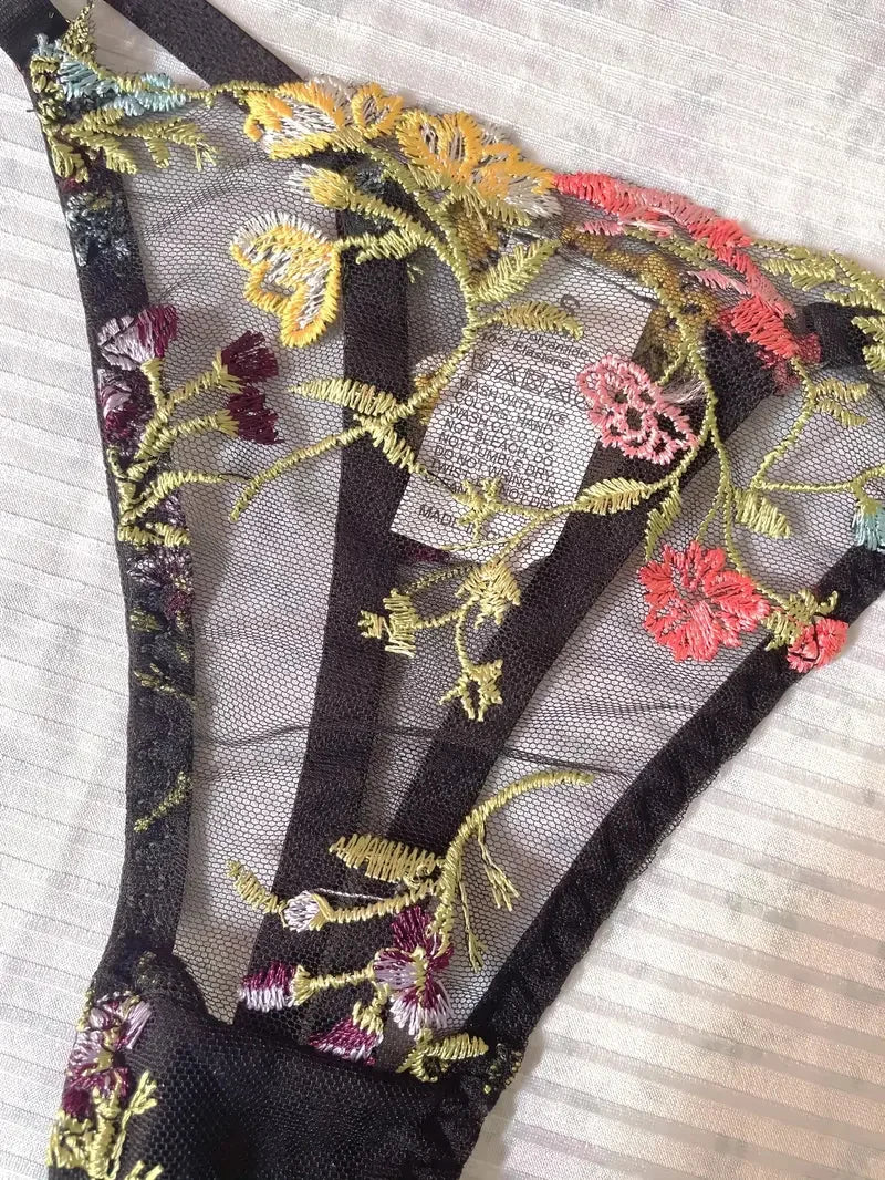 Yimunancy Blumenstickerei Dessous-Set Damen transparentes 2-teiliges Boho-BH + Höschen Unterwäsche-Set Intimates