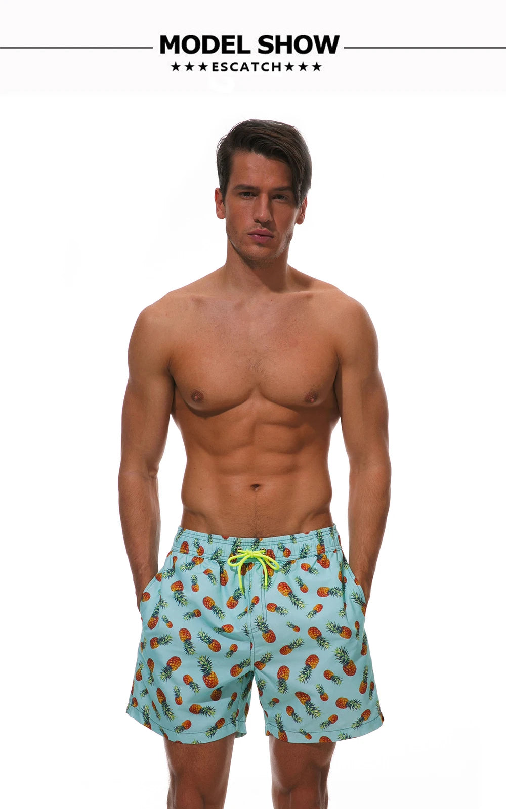 Escatch Schnelltrocknende Sommer Badeshorts für Herren, Beach Boardshorts, Badehosen für Männer, Schwimmhosen, Herren Sportbekleidung, Strandmode, Fitness Übergrößen