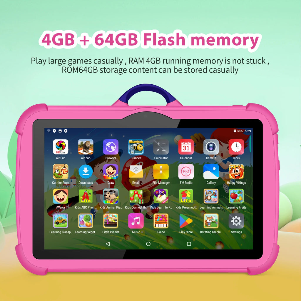 Neues Cartoon-Muster Kinder-Tablet 7 Zoll Quad-Core 4GB RAM 64GB ROM Android Lernspiele Tablets Kindergeschenke