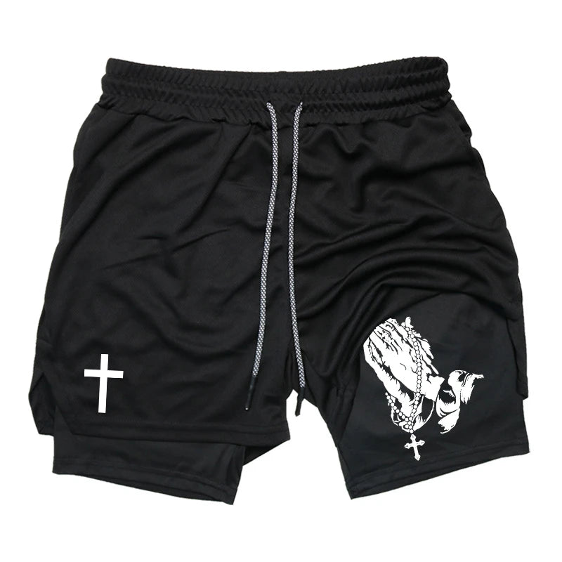 Herren-2-in-1-Lauf-Workout-Shorts mit Druck, Christian Gym Athletic Performance Shorts mit Handytasche und Handtuchschlaufe, Activewear