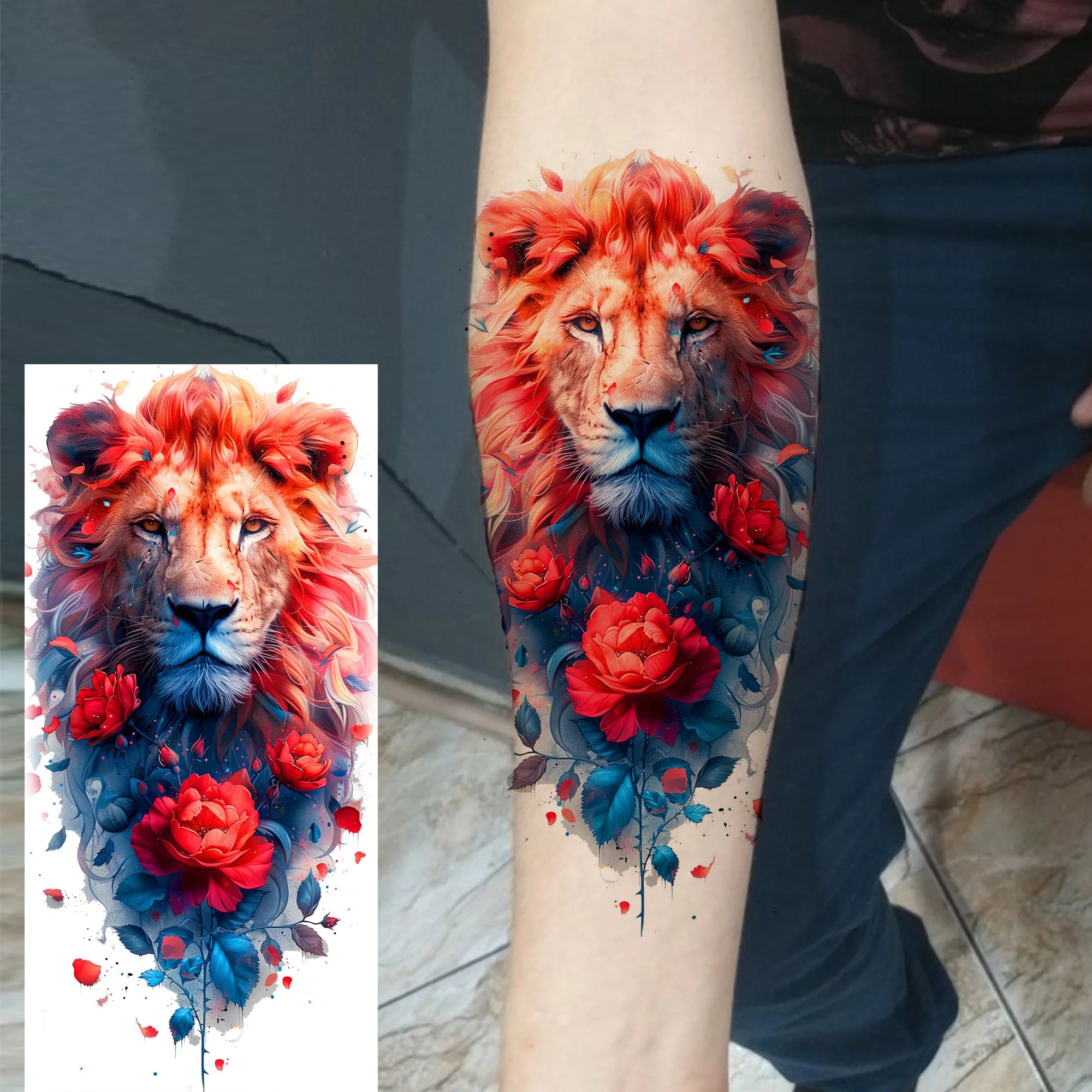 1 Blatt einzigartige Aquarell-Löwe-Tiger-Tier-Temporäre Tattoos langanhaltend wasserdicht Fuchs Eule gefälschter Tattoo-Aufkleber Körperkunst Tattoo