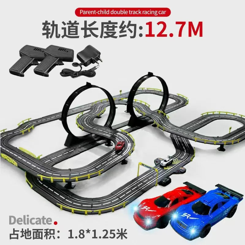 Elektrische ferngesteuerte Slot-Car-Rennbahn, groß, 2 Spieler, wettbewerbsfähig, Dual-Modus, ferngesteuert, einstellbar, Spleißen, Kinder-Erwachsenen-Geschenkset