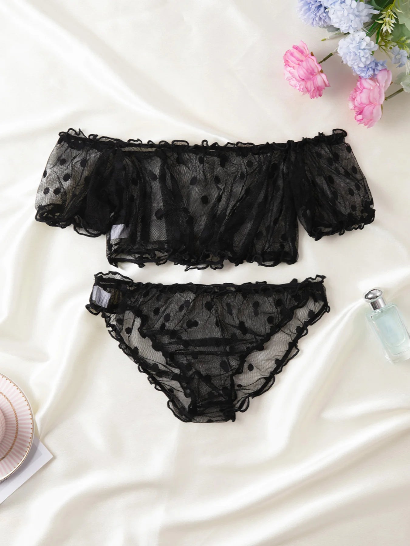 Dessous-Set mit Tupfenmuster, semi-transparentem Design, Bustier-Oberteil und Höschen-Set, Damenbekleidung