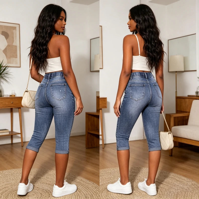 Jeans Damen Wadenlange Hose Denim Passform Hohe Taille Kordelzug Taschen Vintage Bleistifthose 2026 Streetwear Denims