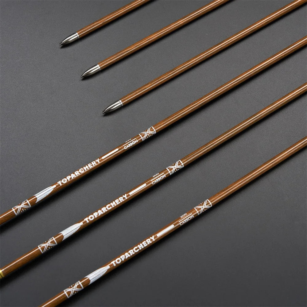 6/12/24pcs 32Inch Archery 100%Pure Carbon Arrows ID 6.2mm Wooden Shaft with 5'' Natural Feathers for Hunting Shooting