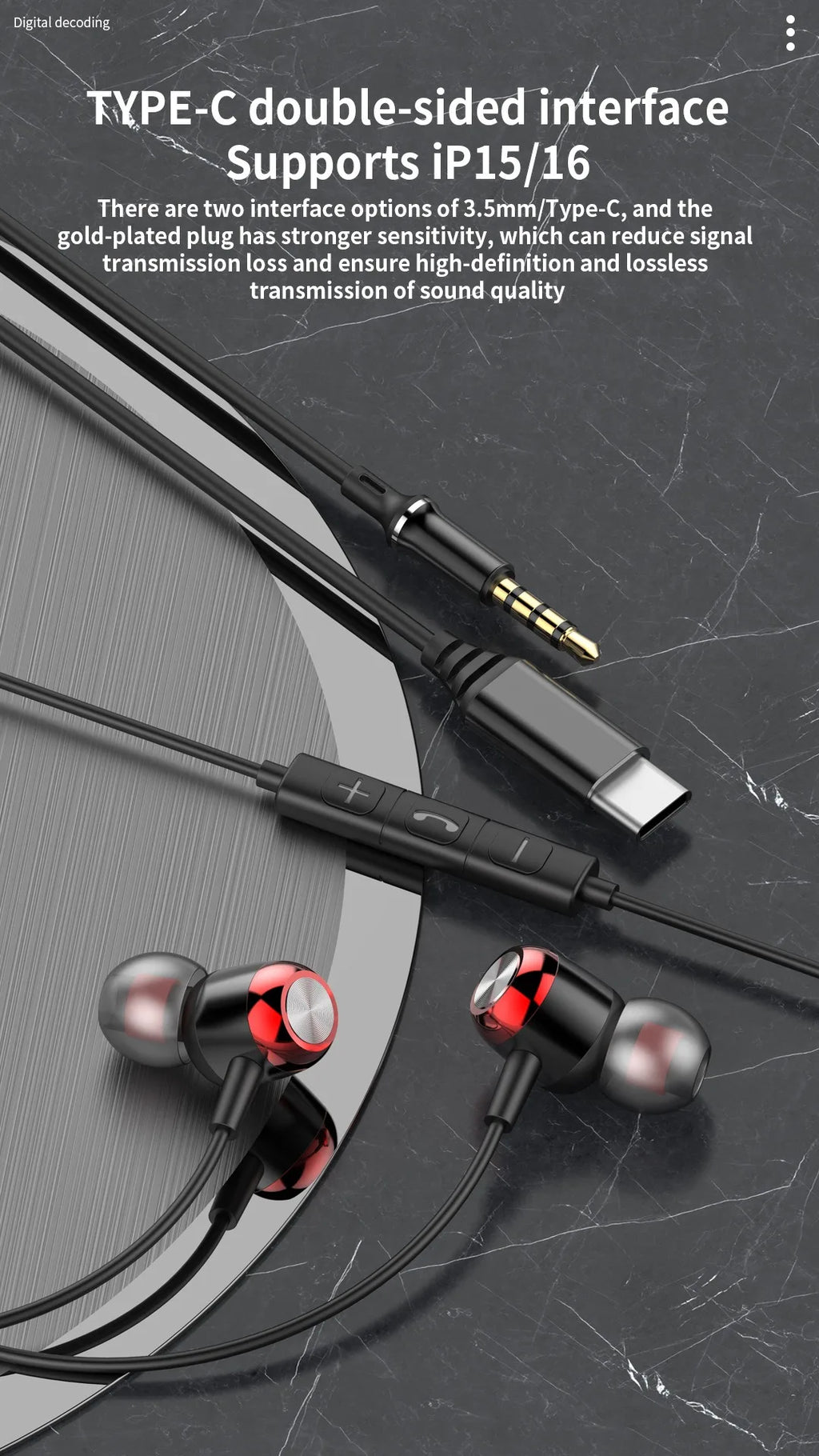 EARDECO TypeC/3.5mm Kabelgebundene Kopfhörer mit Mikrofon Lautstärkeregler Musik-Headset mit Bass Handy-Ohrhörer für Samsung Huawei Xiaomi