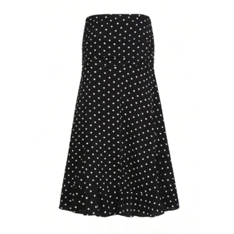 hirigin Tupfen Chiffon-Maxirock Französischer Stil Geraffter Mesh A-Linien-Rock Elegante Maxi-Unterteile Hohe Taille Streetwear