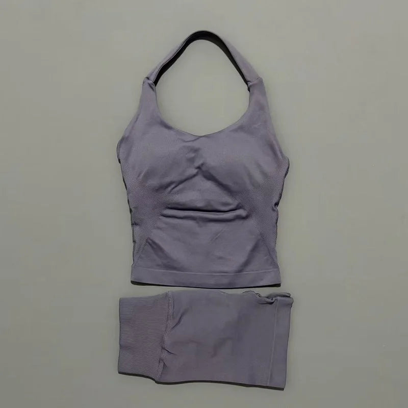 2-teiliges Sportset Damen Rückenloses Tanktop Hohe Taille Scrunch Nahtlose Shorts Fitnesskleidung Activewear Trainingssets Gym Anzug