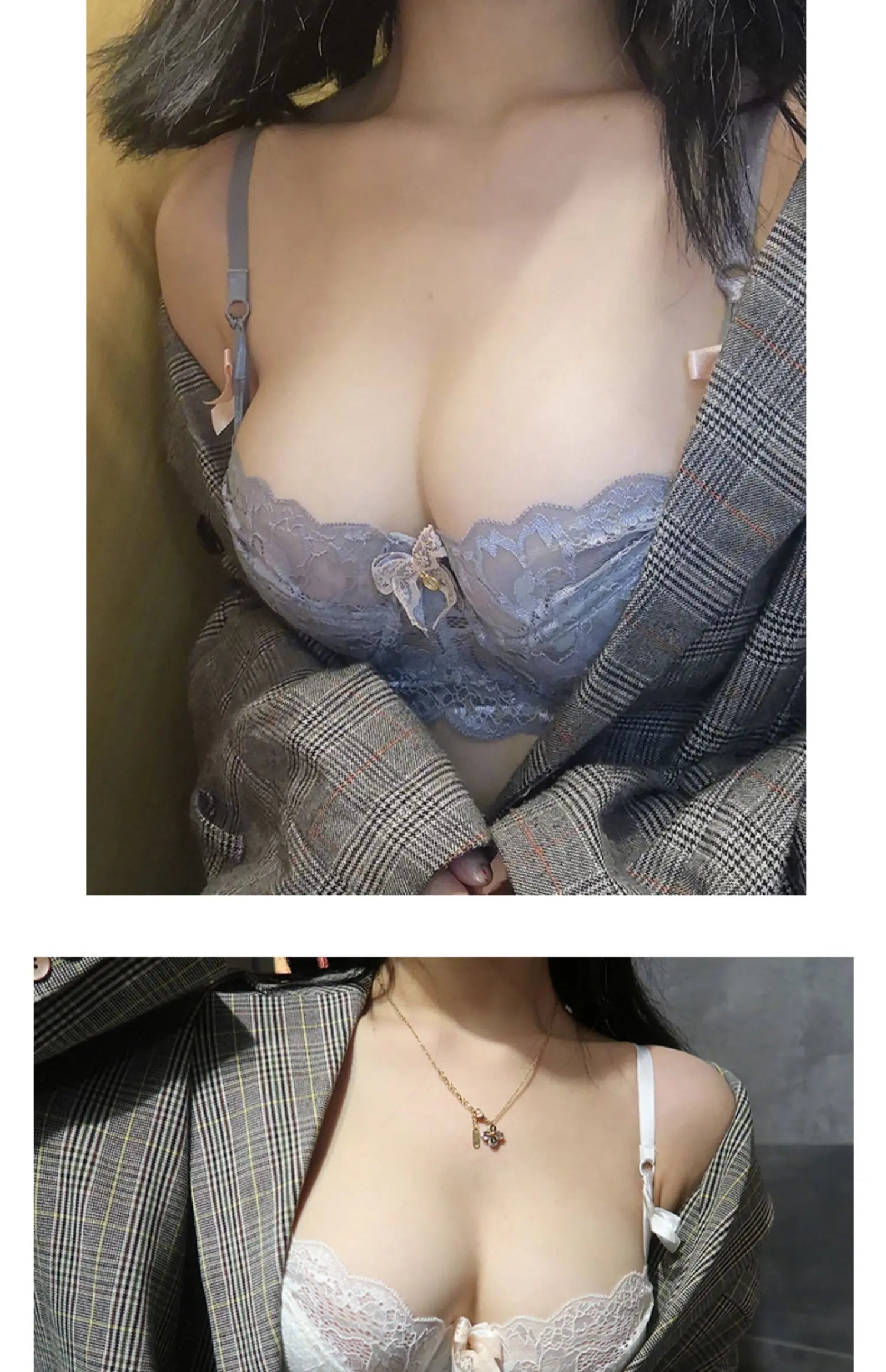 MOYISU Sommer-Dessous-Set, transparenter französischer Spitze, Minimizer-BH, Slip, ultradünn, sexy Damenunterwäsche, großer Busen, sexy Po & Höschen