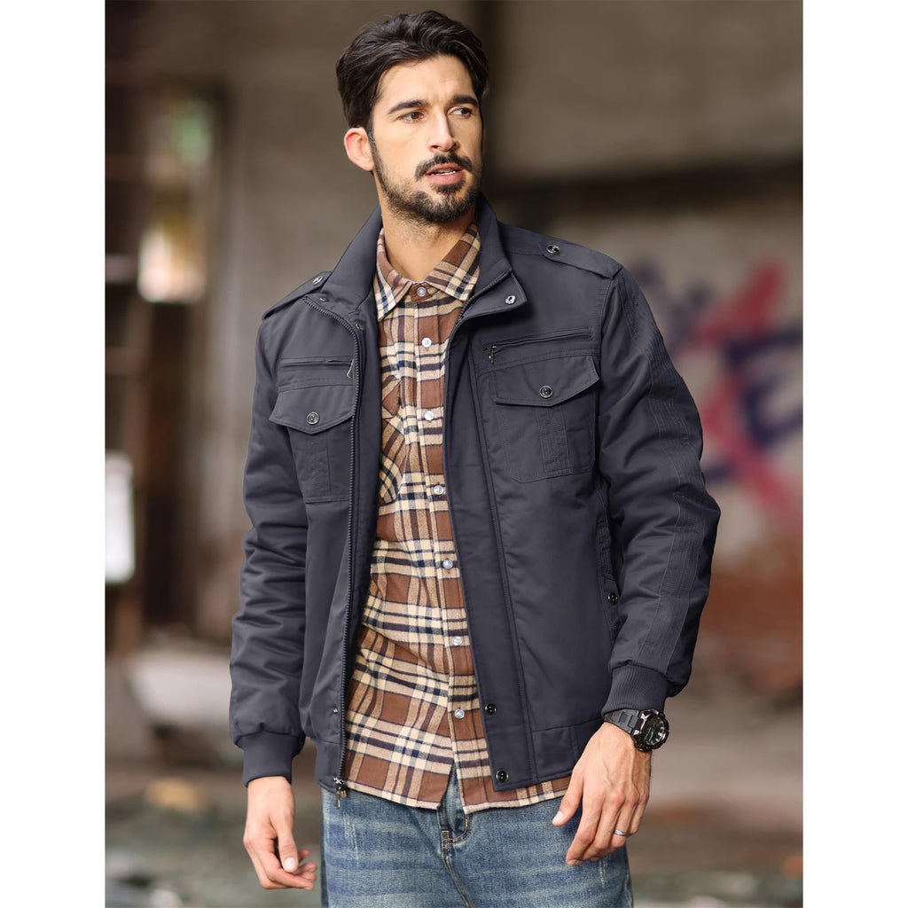 MAGCOMSEN Herren Fleecejacken Windbreaker Mäntel Herbst Winter Thermo Bomberjacken Multi-Taschen Stehkragen Motorradjacke
