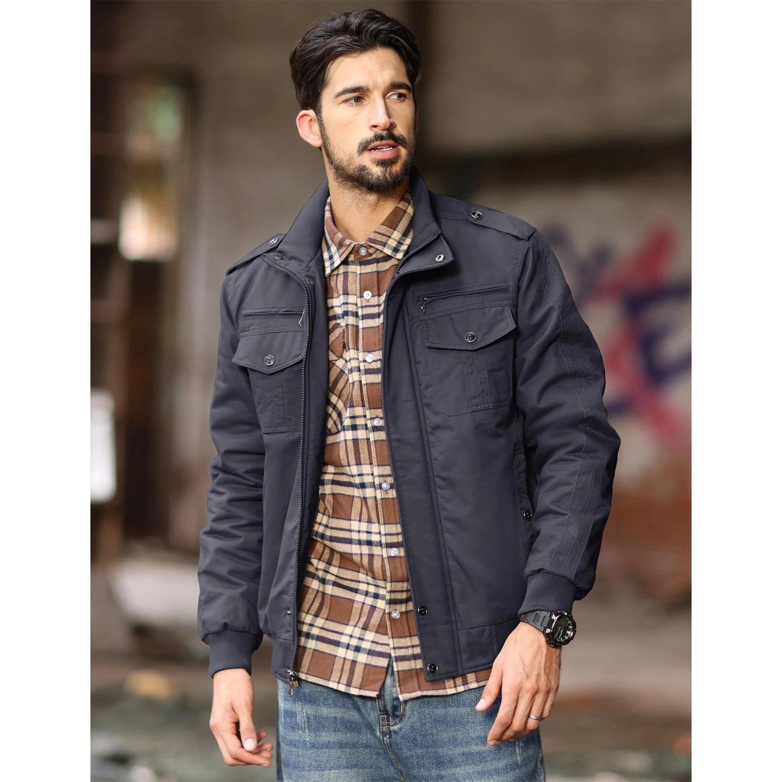 MAGCOMSEN Herren Fleecejacken Windbreaker Mäntel Herbst Winter Thermo Bomberjacken Multi-Taschen Stehkragen Motorradjacke