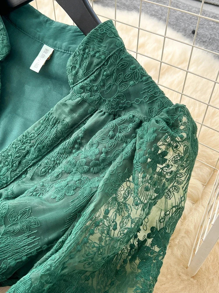 Frühlings-Herbst Französisches High-End Damenkleid Neue Spitze Stickerei V-Ausschnitt Laternenärmel Einreiher Party Geburtstagskleid C192