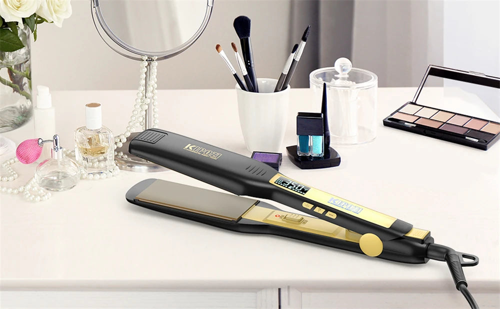 KIPOZI Professioneller Titan-Glätteisen mit digitalem LCD-Display, Dualspannung, sofortige Aufheizfunktion, Lockenstab