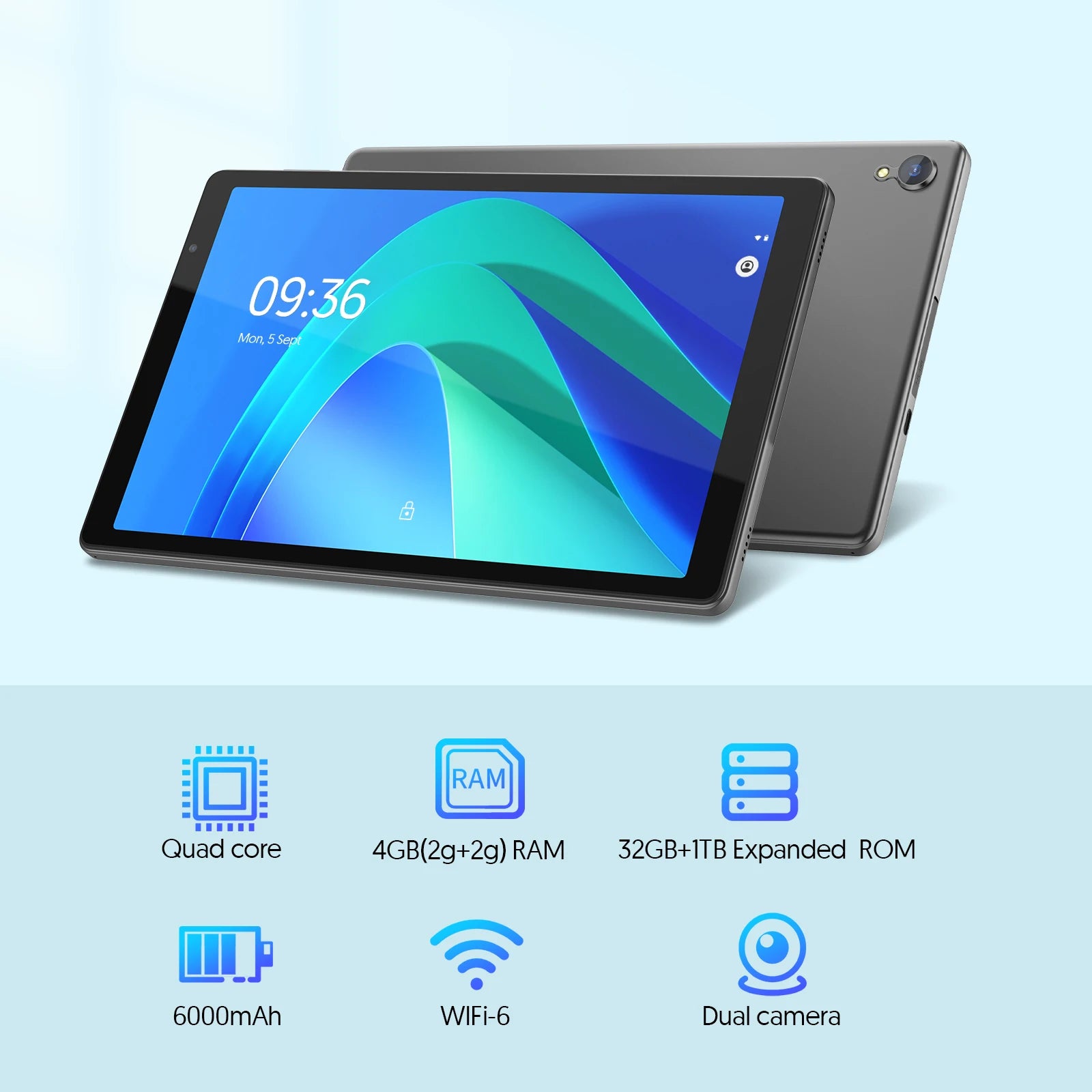 10-Zoll-Tablet, Android 14, Quad-Core-Prozessor, 4 GB RAM (2 GB + 2 GB erweiterbar), 32 GB Speicher, Wi-Fi, Dual-Kameras, 6000 mAh
