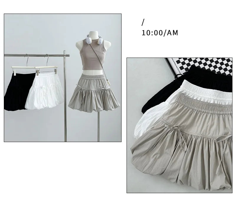 Süße Schleifen Plissierte Flauschige Röcke für Damen Sommer Koreanischer Stil Elastische Taille Laternenrock Damen Lockerer Weißer A-Linien Minirock