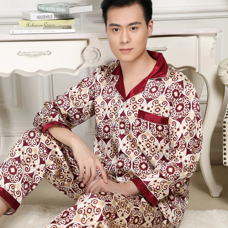 Hochwertiges Pyjama-Set Herren Frühling Herbst Dünn Polyester Eisseide Langarm Schlafanzug Übergröße Sommer Hauskleidung Männlich