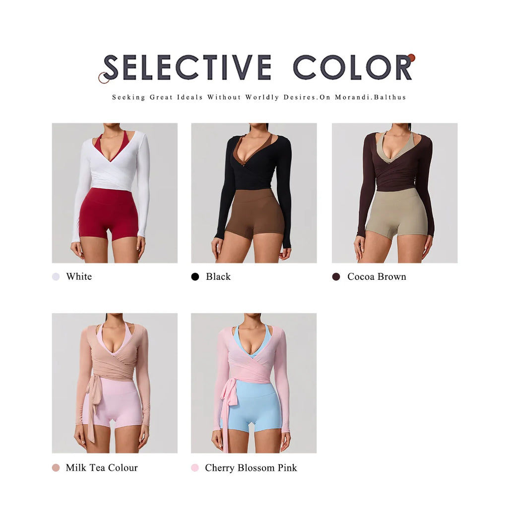 Neue Sommer Damen Yoga Langarm Einteiler Träger Yoga Kleidung Weibliches Training Premium Ballett WickeloberteileFrauen Fitness Sport Top