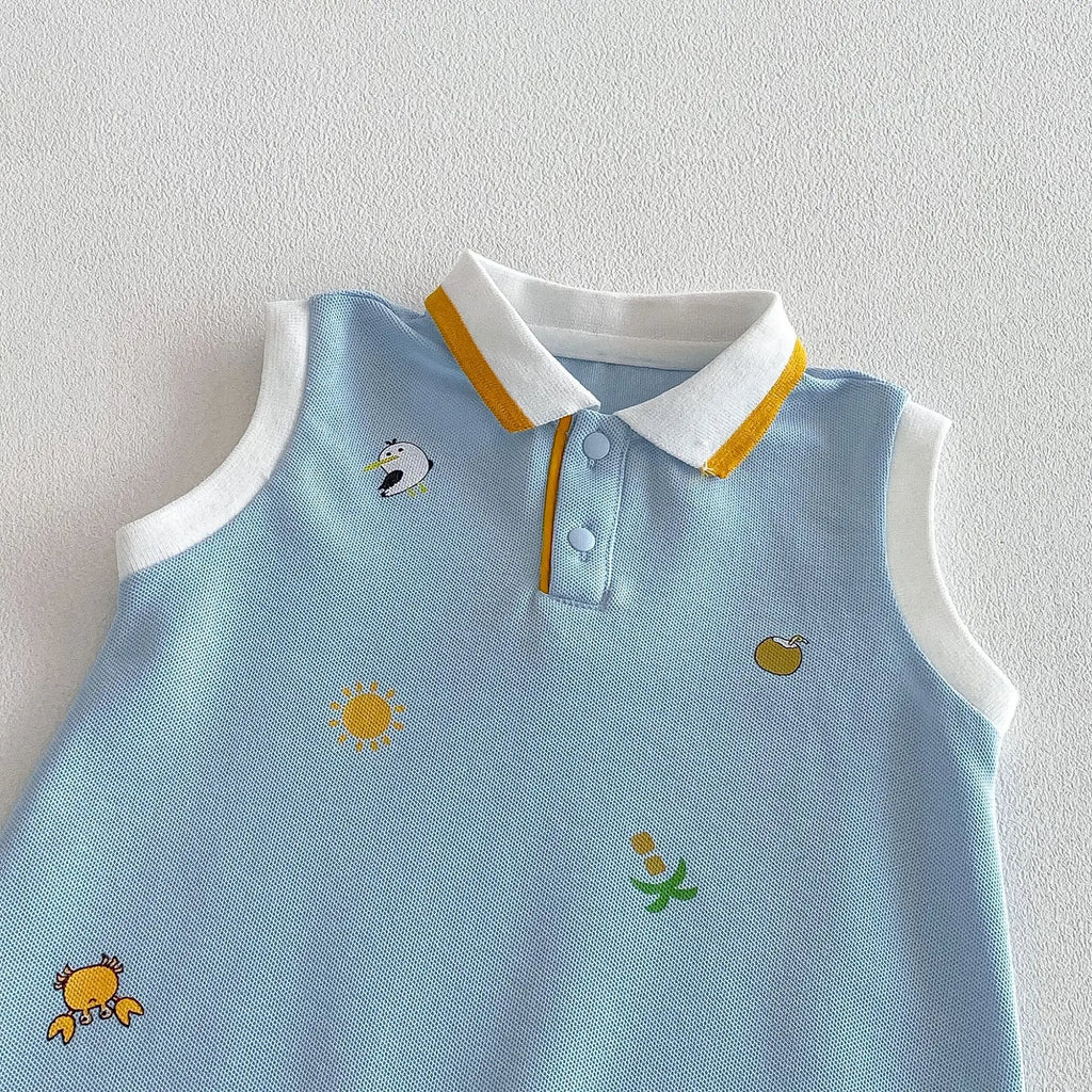 2026 Neue Sommer-Babykleidung 0-2 Jahre Cartoon-Print Ärmelloser Polo-Strampler Atmungsaktives Mesh-Gewebe mit Knopfleiste und Druckknopfverschluss
