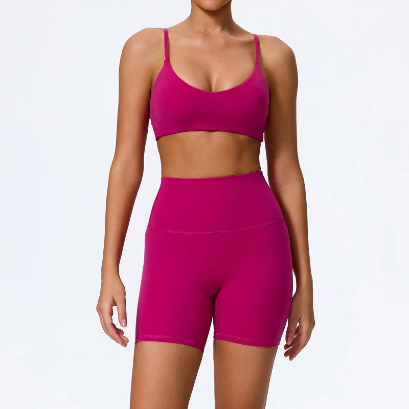 Hearuisavy Sommer Superweiches 2-teiliges Damen-Sportshorts-Set atmungsaktives Fitness-Yoga-BH Freizeit-Push-Up-Workout-Crop-Top