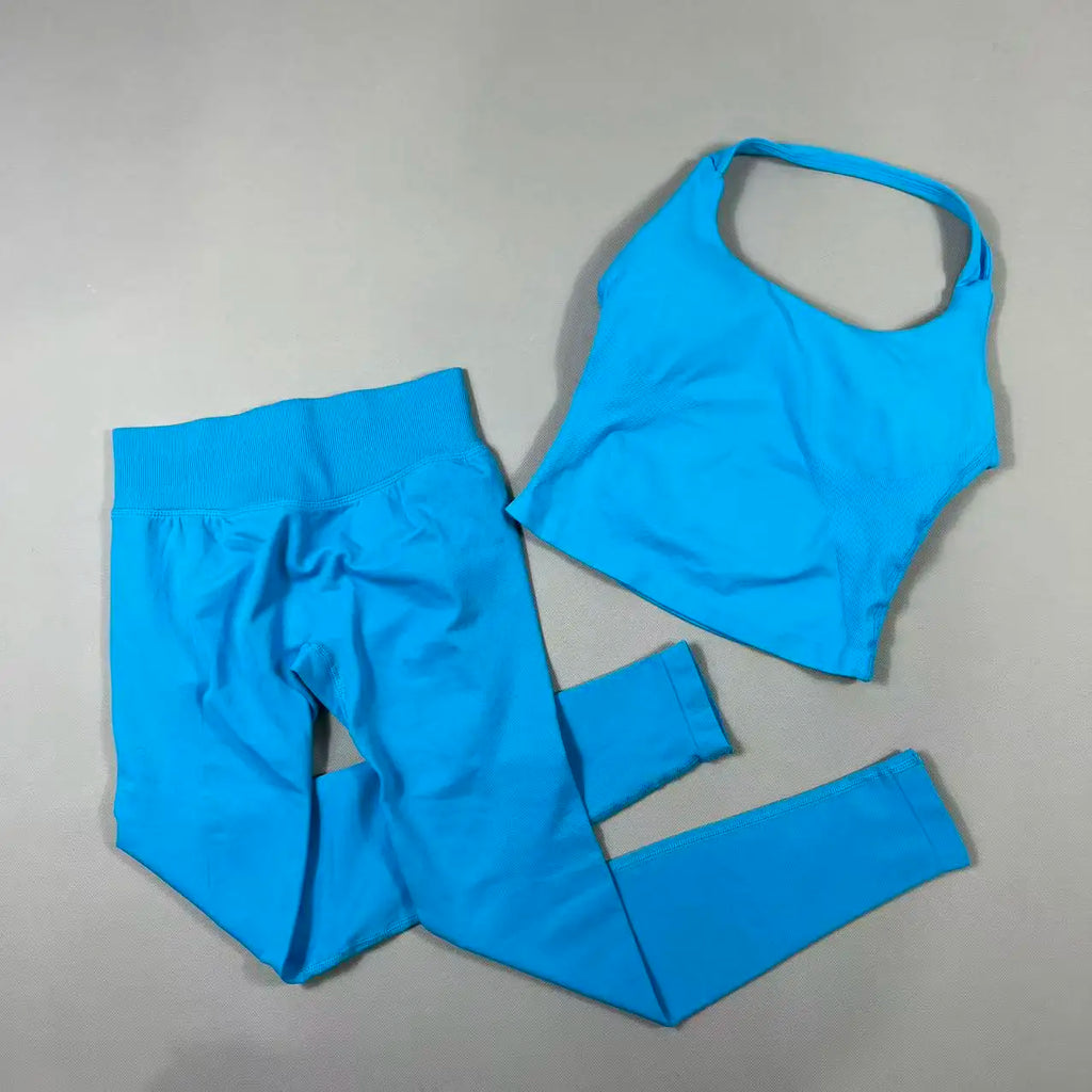 OHNE LOGO Yoga-Outfit Sport-Impact-Gym-Set Neckholder-Oberteil und Leggings-Hosen-Sets Rückenloses Neckholder-Design Hochelastische Sportbekleidung