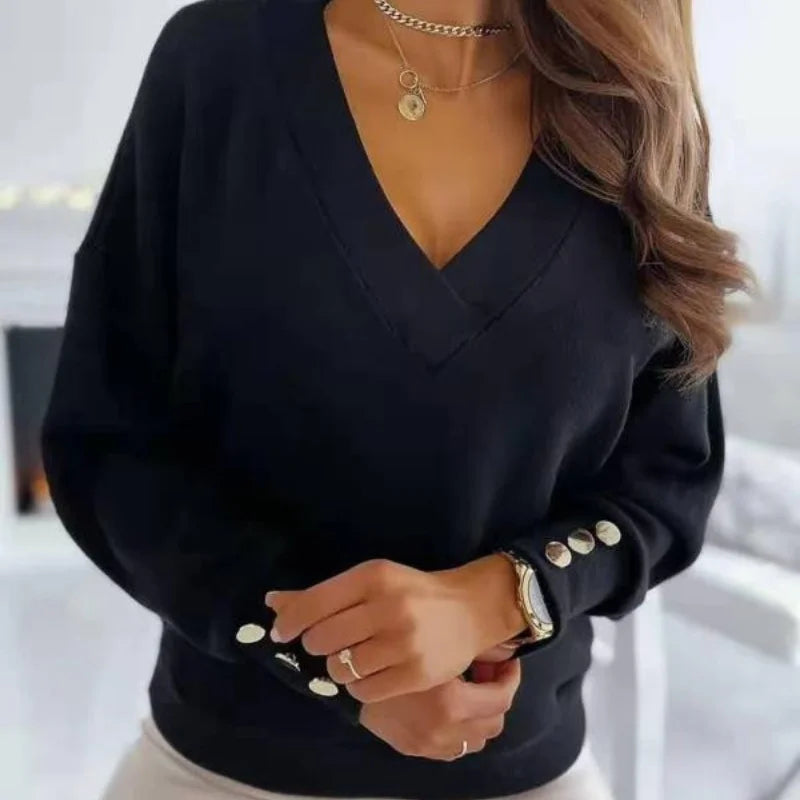 Frühling Herbst Damen Reiner Weicher Langarmpullover V-Ausschnitt Mode Jumper Büro Dame Knopf Lockerer Freizeit Pullover Oberteil Pullover