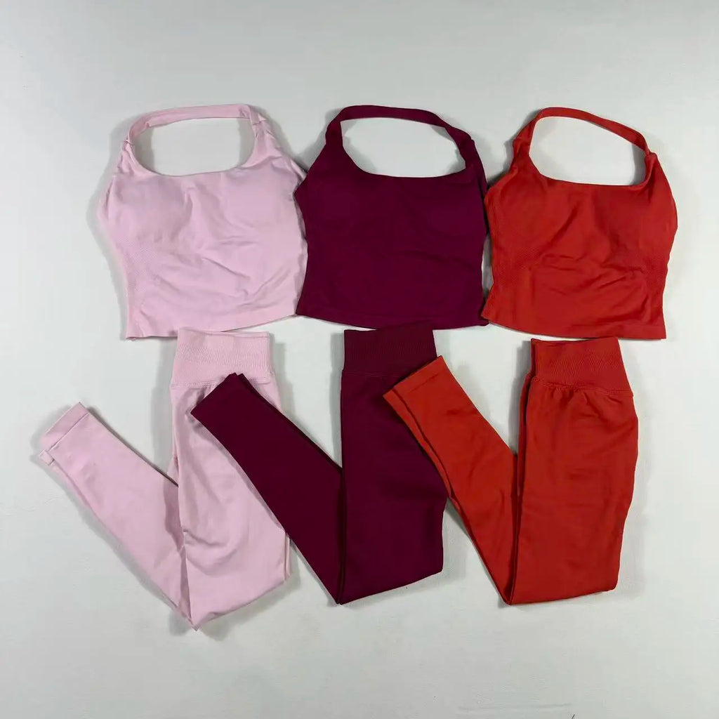OHNE LOGO Yoga-Outfit Sport-Impact-Gym-Set Neckholder-Oberteil und Leggings-Hosen-Sets Rückenloses Neckholder-Design Hochelastische Sportbekleidung