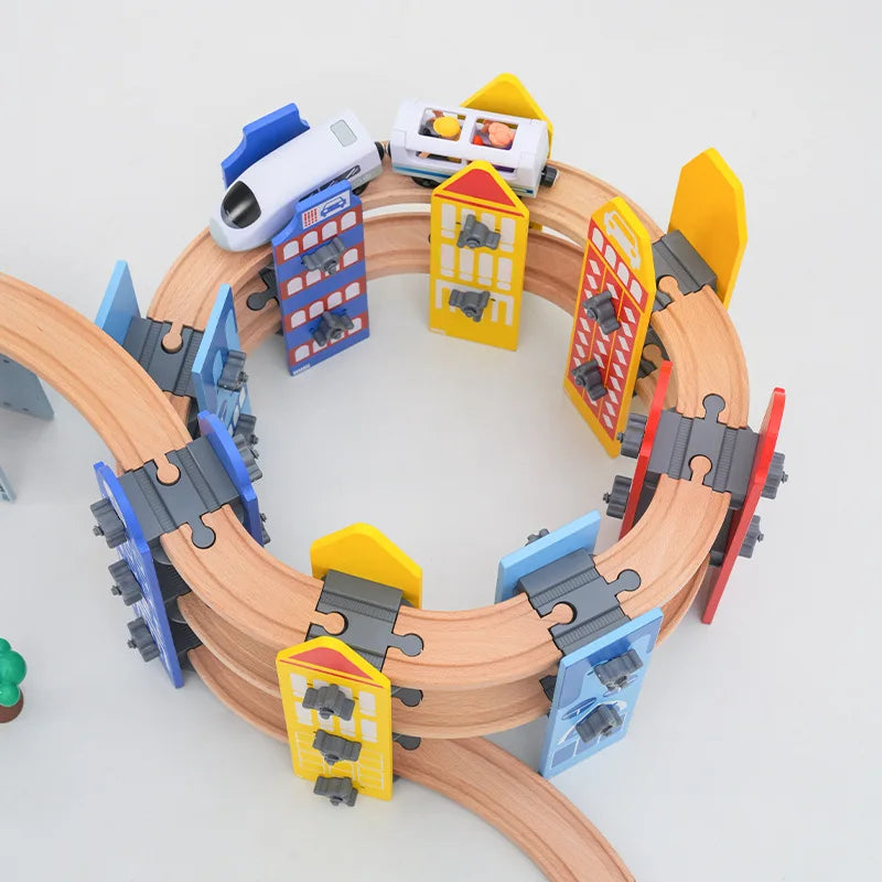 Neues Holzeisenbahn-Schienenset, elektrischer Zug, Magnetauto, Druckguss-Steckplatz, passend für alle Marken, Biro Holzschienen, Montagespielzeug, Jungen-Geschenk