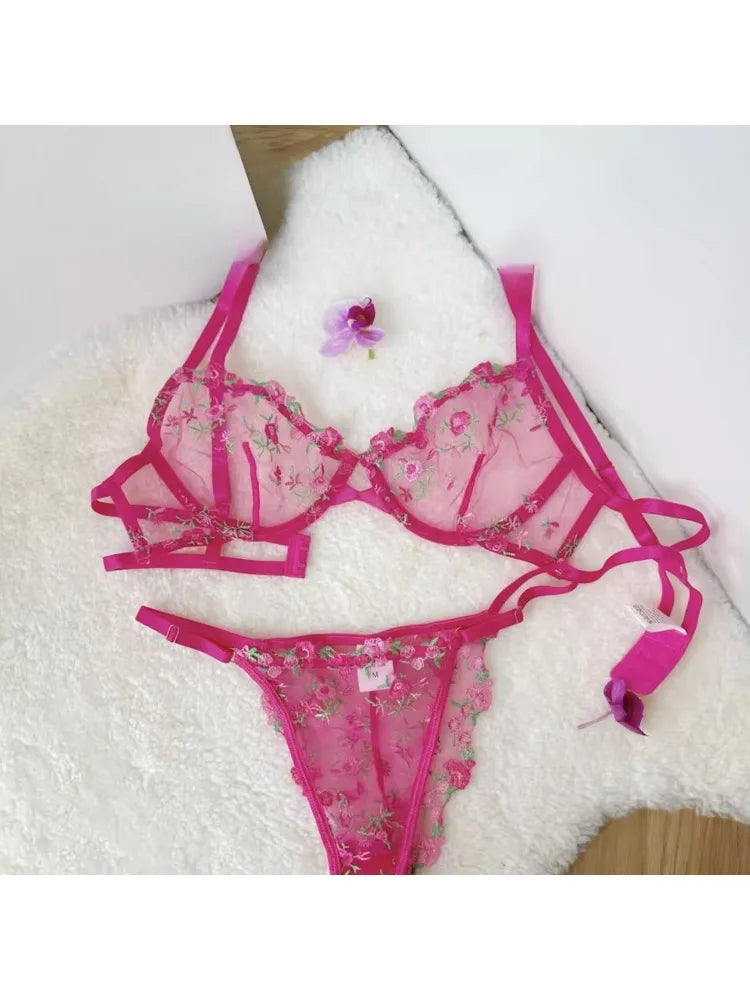 YUQI Französisches Luxus-Dessous-Set – sexy BH- und Höschen-Set mit floraler Stickerei in Schwarz, durchsichtige, transparente, verführerische Damen-Unterwäsche