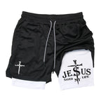 Herren-2-in-1-Lauf-Workout-Shorts mit Druck, Christian Gym Athletic Performance Shorts mit Handytasche und Handtuchschlaufe, Activewear