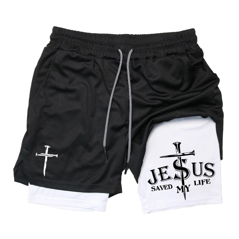 Herren-2-in-1-Lauf-Workout-Shorts mit Druck, Christian Gym Athletic Performance Shorts mit Handytasche und Handtuchschlaufe, Activewear