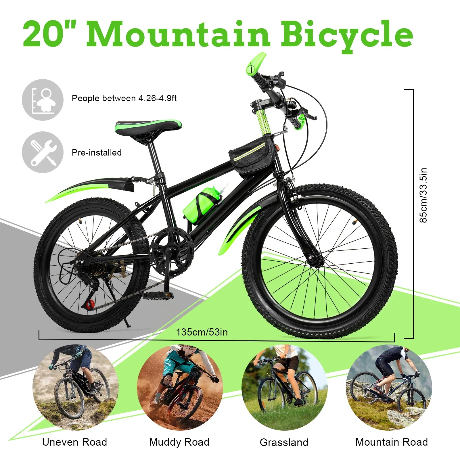 20 Zoll Mountainbike 7 Gänge, Verstellbarer Sattel Kinderfahrrad mit Schutzblechen und Flaschenhalter für Jungen und Mädchen 8-13 Jahre