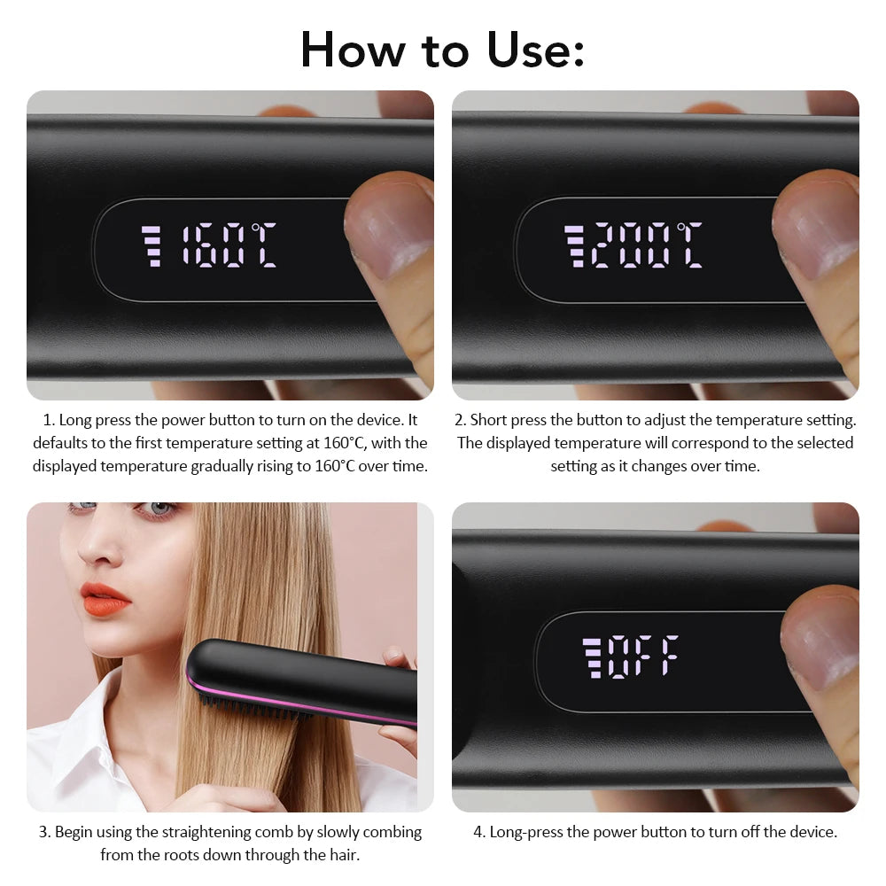 Cordless Hair Straightener Brush 3 Temperature Electric Negative Ions Ceramic Anti-Scald Heated Comb Hair Styling Tools