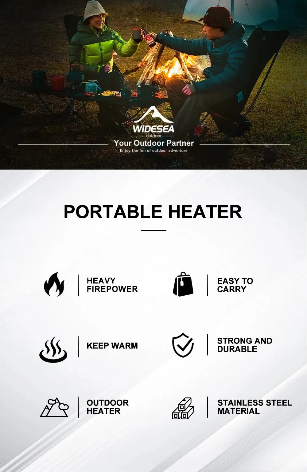 Widesea Camping Heizstrahler Tragbarer Edelstahl Kamin für den Winter Outdoor Ofen Wandern Gasbrenner Heizung Überlebensausrüstung