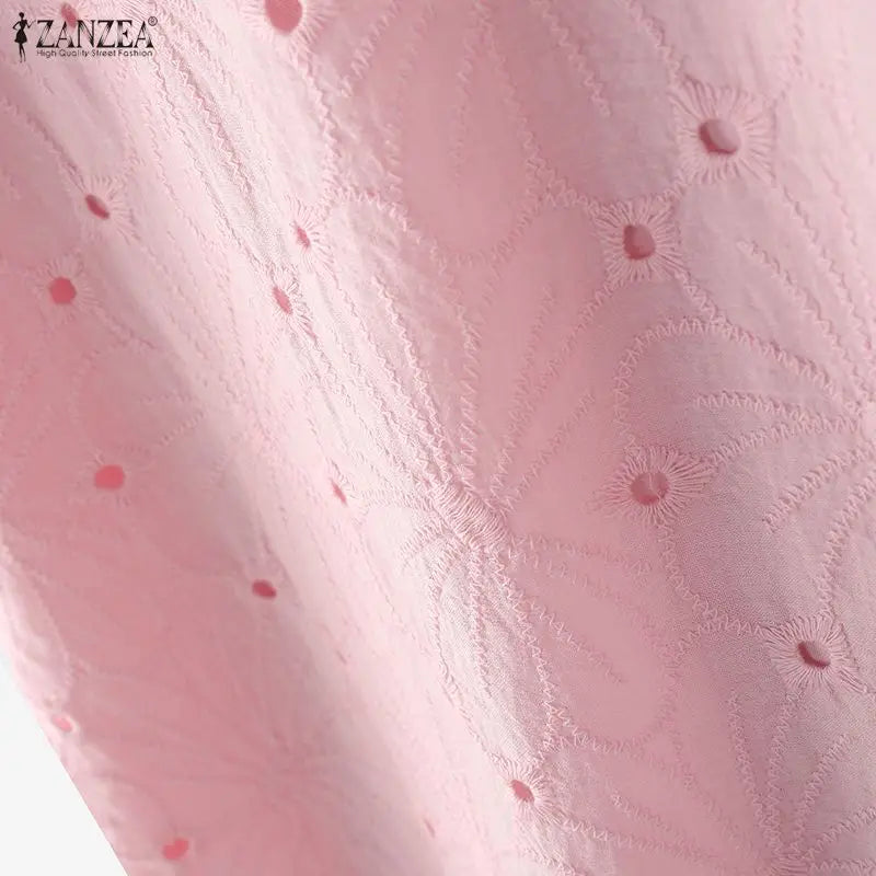ZANZEA Sommerkleider für Damen, Lochstickerei, O-Ausschnitt, halbe Puffärmel, kontrastfarbene Borte, knielanges Kleid, lässige A-Linien-Roben