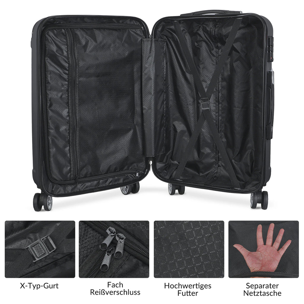 Comanlai 3-teiliges Rollkoffer-Set, schwarze Hartschalenkoffer, klassisches Streifendesign, mit 360°-Universalrollen, TSA-Schloss und Teleskopgriff, für Geschäftsreisen und Outdoor-Urlaub