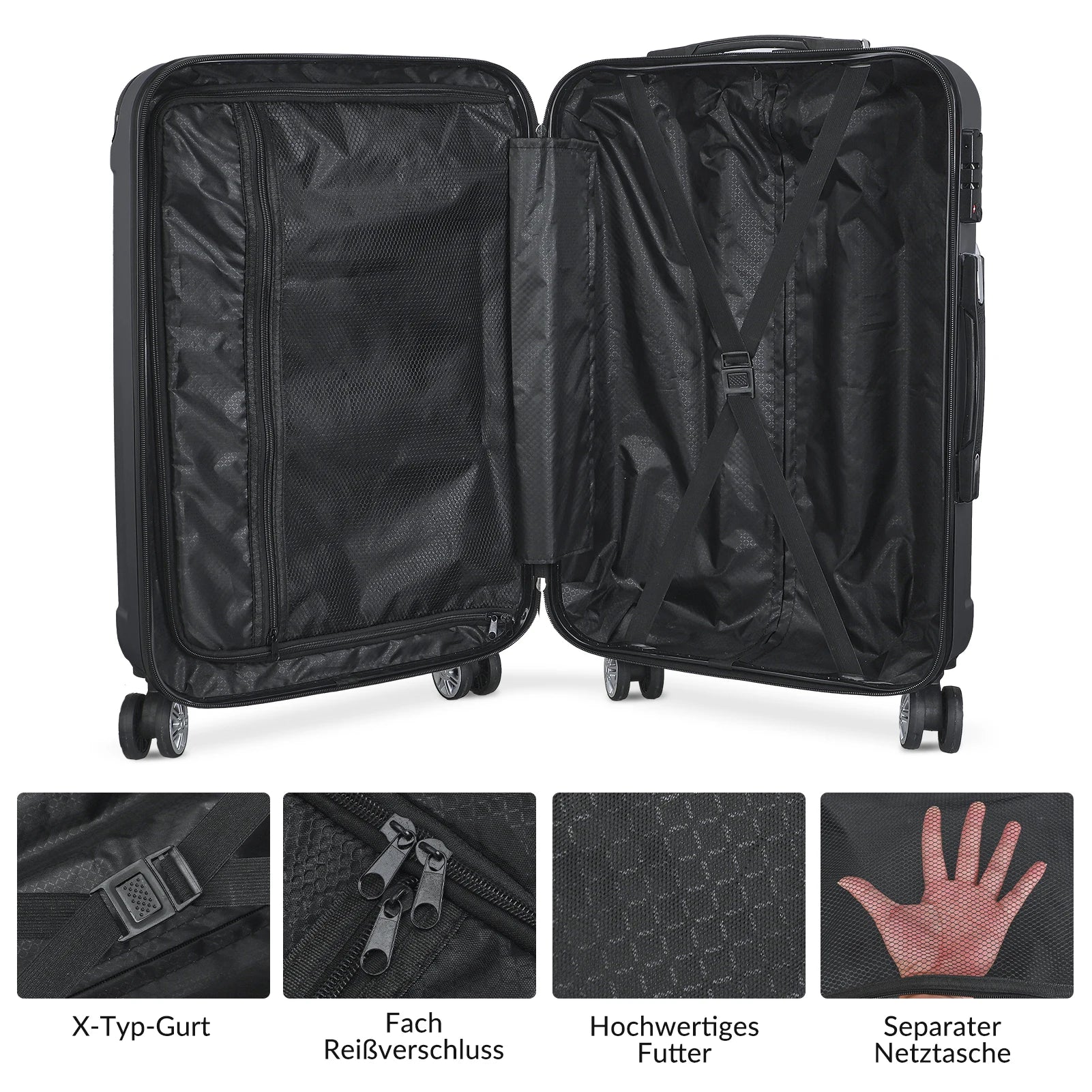 Comanlai 3-teiliges Rollkoffer-Set, schwarze Hartschalenkoffer, klassisches Streifendesign, mit 360°-Universalrollen, TSA-Schloss und Teleskopgriff, für Geschäftsreisen und Outdoor-Urlaub