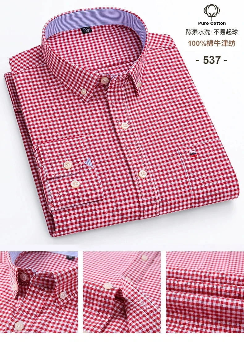 100 % Baumwolle Oxford Herrenhemden Langarm Kariert Weich Regular Fit Festliches Hemd Tasche Sozial Bluse Herrenkleidung S-7XL