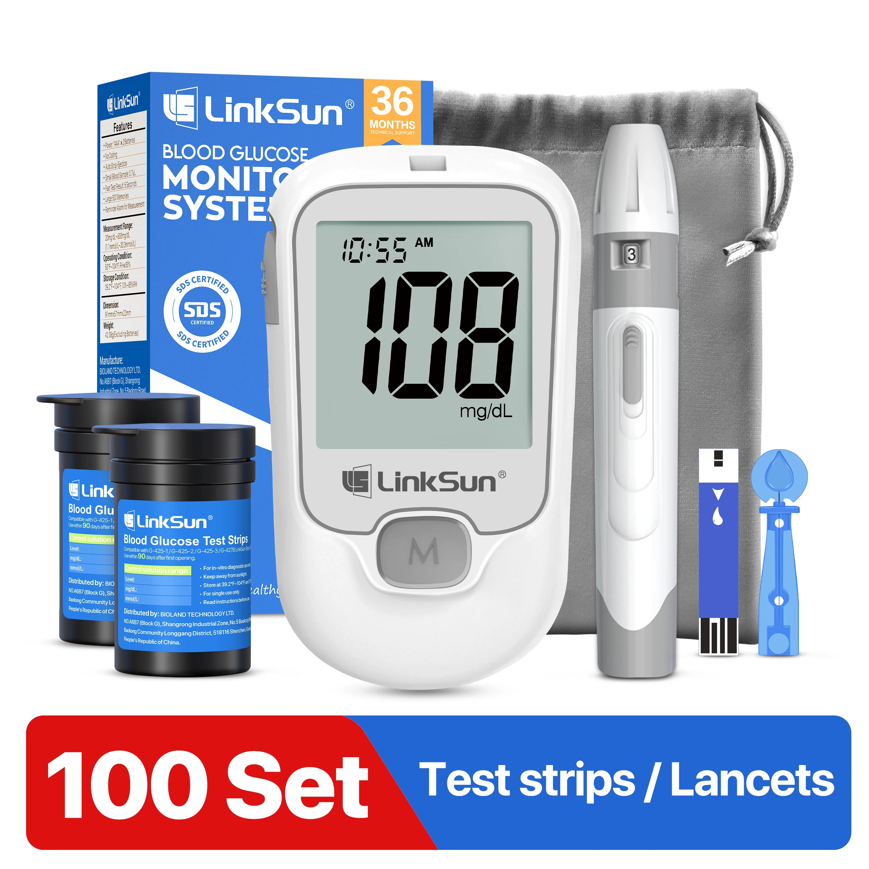 LinkSun G-425-1 Blutzuckermessgerät-Kit 50/100 Stück Teststreifen Lanzetten für Diabetes-Monitor Digitales Glukometer Blutzuckermessgerät