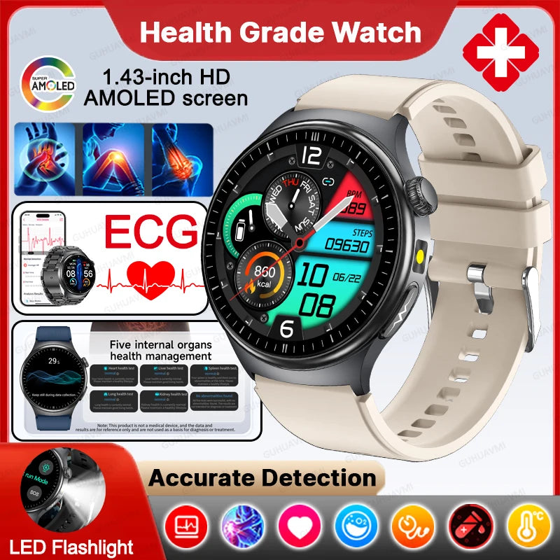 Neue genaue EKG-Smartwatch, Blutfettwerte, Fünf-Organe-Gesundheitscheck, Körpertemperatur, BT-Anruf, Sport-Smartwatches für Herren 2026