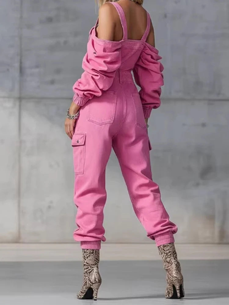 Vintage Denim Jumpsuit Woman Solid Zipper Off-shoulder High Wait Loose Cargo Pants Romper Long Sleeve Overalls One-Piece Suit