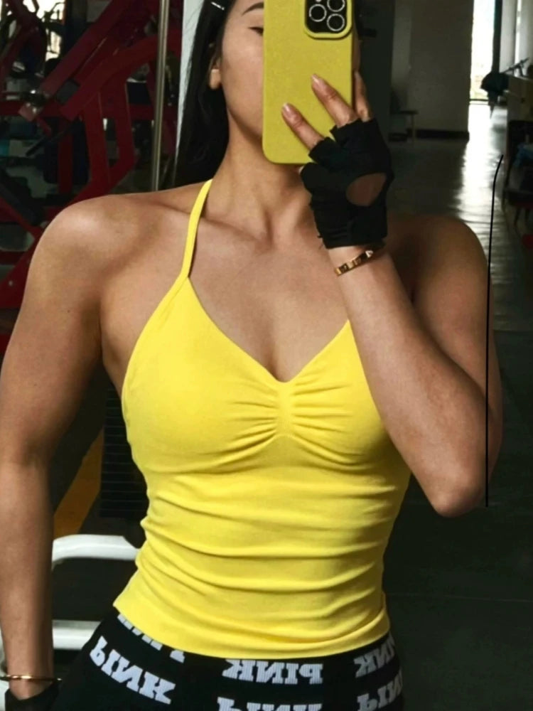 Langes Trägertop Yoga Weste Damen Rückenloses Tank Top Sport Fitness BHs Laufendes Workout Gym Neckholder