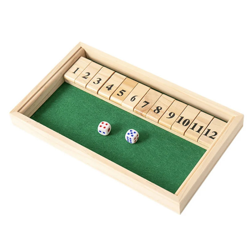 Hölzernes Shut the Box Würfelbrettspiel Klassische Tischversion mit 12 Zahlen, Kneipenstil, traditionelles Familien-Partyspiel für drinnen