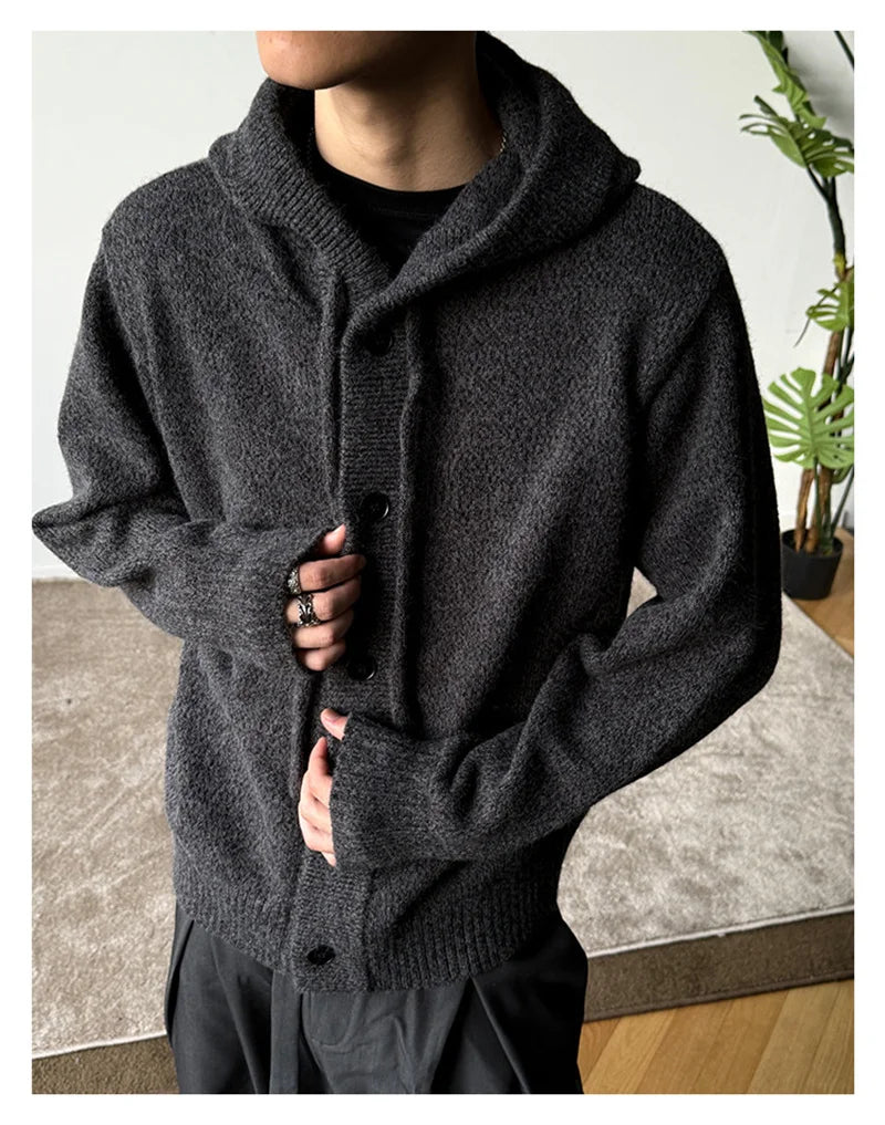 Neue lässige Luxus Strickjacke mit Kapuze für Herren Koreanische Mode Lockerer Cardigan mit Knopfleiste Y2K Vintage Streetwear Strickwaren Mantel