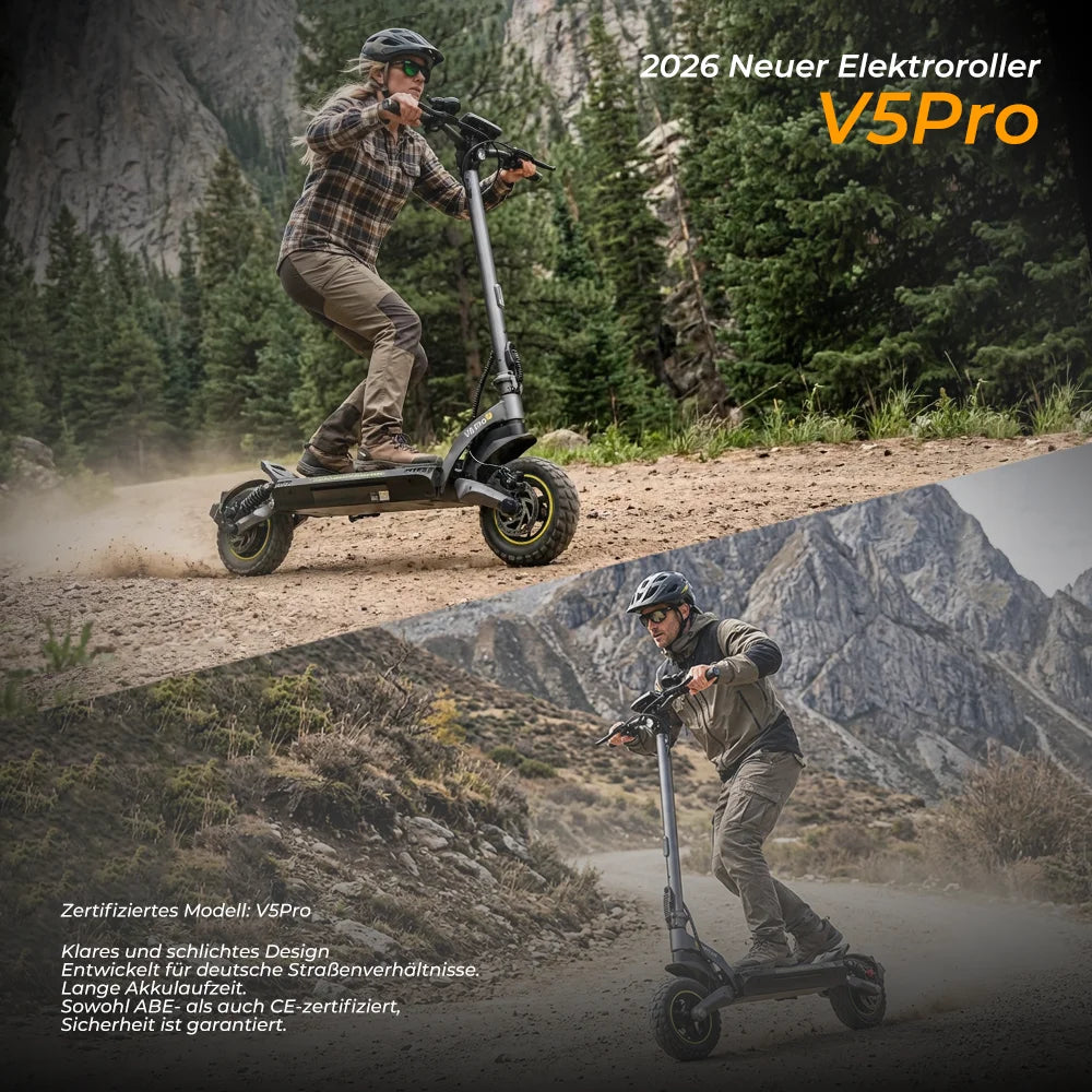 V5Pro Offroad E-Scooter 10 Zoll ABE zertifiziert 500W 48V12.5Ah Geländereifen Dual Federung E-Bremse Voltix APP Deutschland