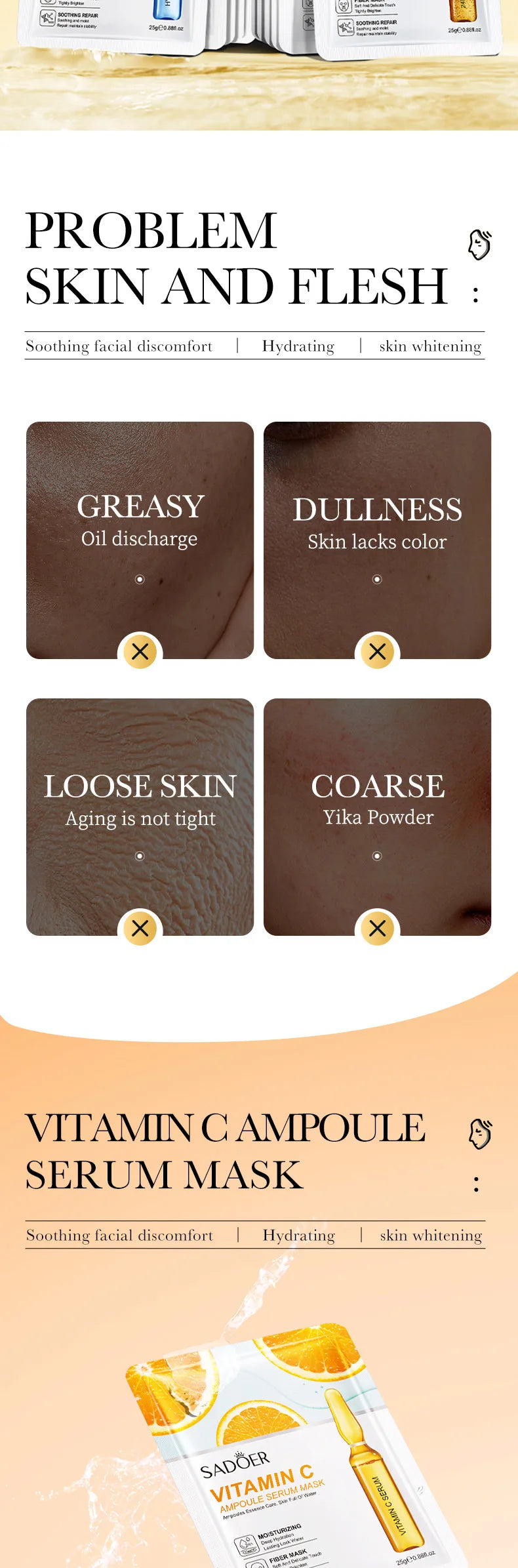 10 St. SADOER 24K Gold Vitamin C Hyaluronsäure Gesichtsmaske Feuchtigkeitsspendend Straffend Hydrierend Gesichtsmasken Hautpflegeprodukte