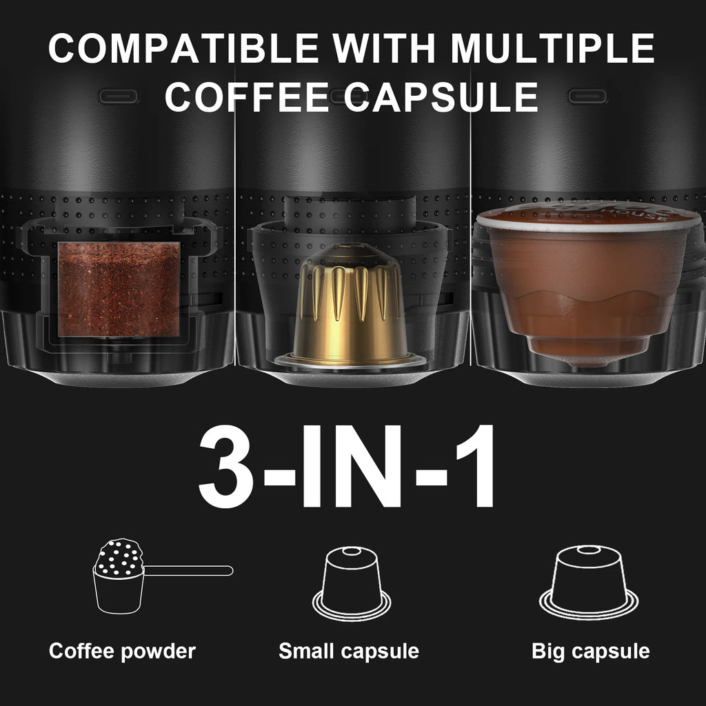 Kabellose elektrische tragbare Espresso-Kaffeemaschine für Auto & Zuhause, Camping-Kaffeemaschine, 3-in-1 Kapsel-Pulver-Reisekaffeemaschine