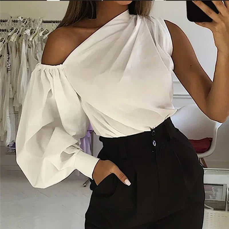 Sexy schulterfreie Damenhemden Sommer Laternenärmel Bluse Casual Loose Solid Tops Lady Elegante Blusen Femme Streetwear Hemd Hauptbild