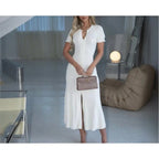 Sommer einfarbig Rundhals Kurzarm Business-Kleid Damen Koreanisch Einreiher Ausgeschnittenes langes Kleid Modetrend