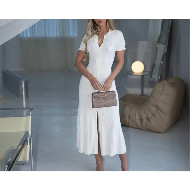 Sommer einfarbig Rundhals Kurzarm Business-Kleid Damen Koreanisch Einreiher Ausgeschnittenes langes Kleid Modetrend